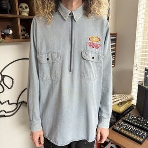 Vintage 90s Hickory Striped Half Zip Chin Strap Work Shirt ~ Size Large